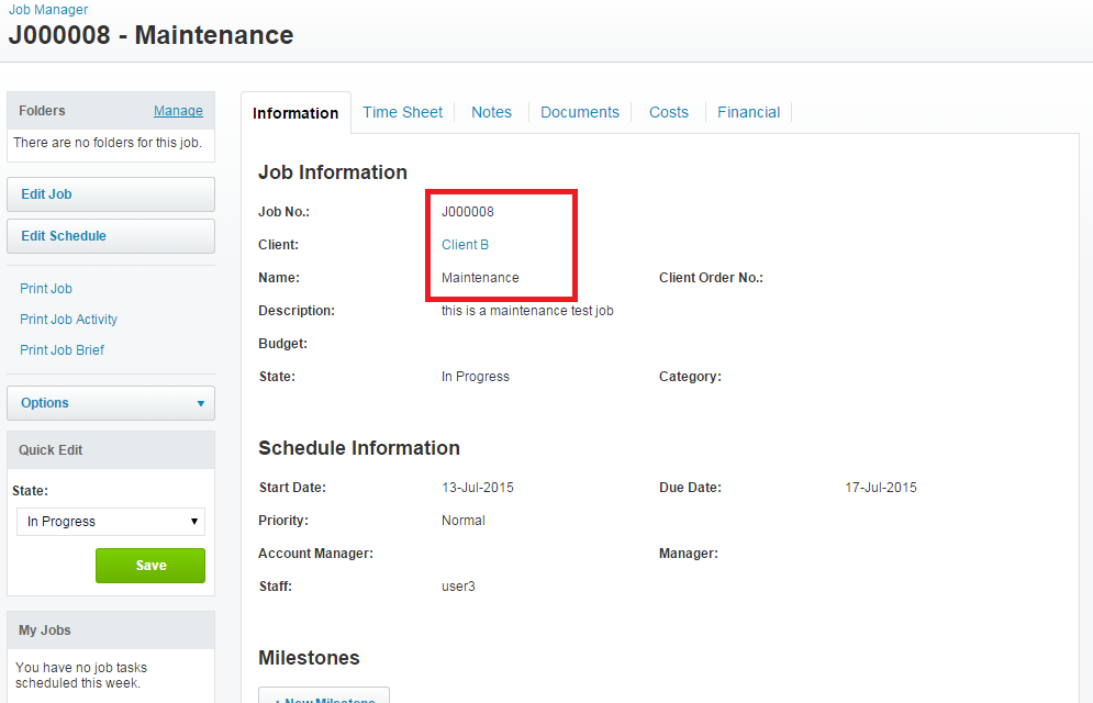 Workflow Max Job No.,Name and client